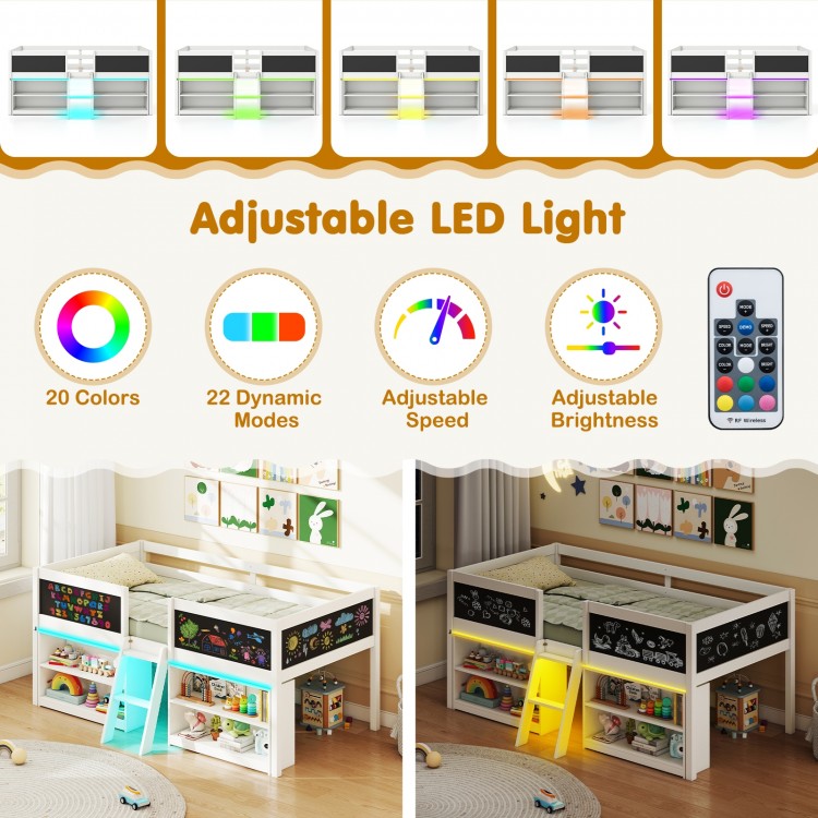 Low loft bed with adjustable LED lights, bookcases, and chalkboards for kids' creativity and organization in white.