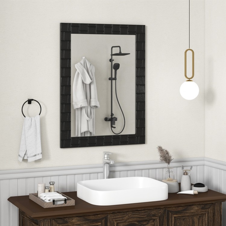 Black wood framed rectangular vanity mirror with a chic patterned frame, ideal for living rooms or bathrooms.