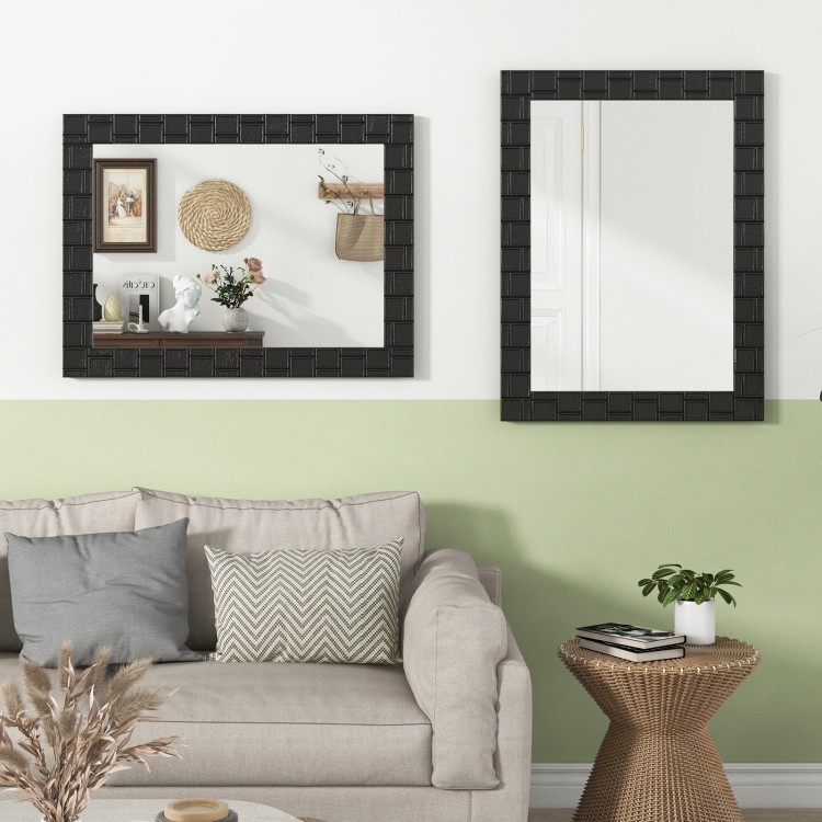 Black wood framed rectangular vanity mirror with a chic patterned frame, ideal for living room or entryway decor.