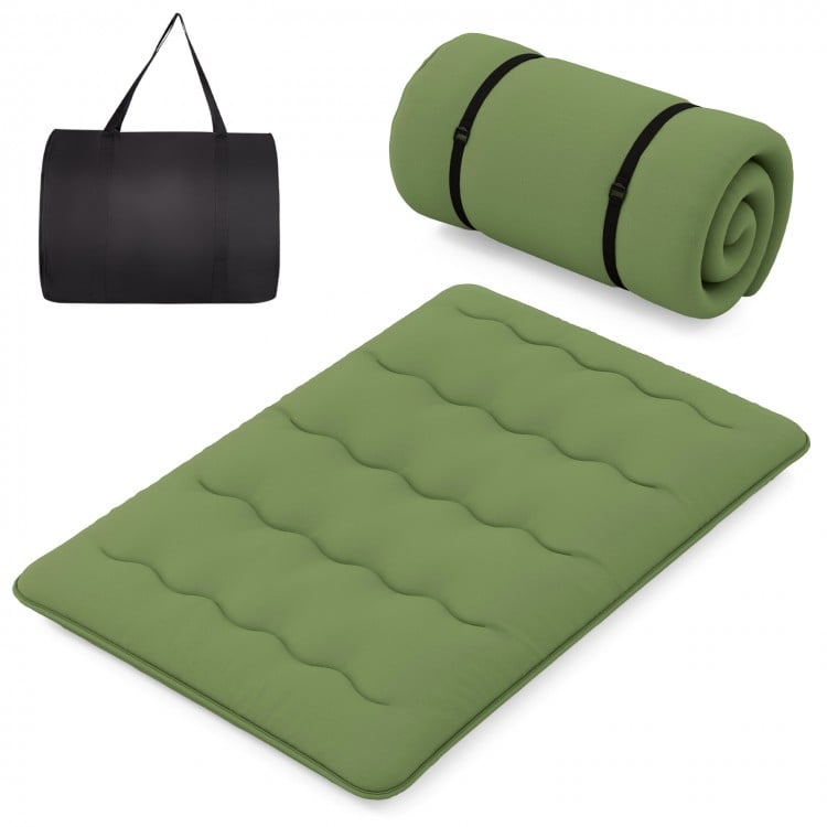 Full-size floor mattress in green with a washable cover, rolled up in a carry bag for easy storage and transport.