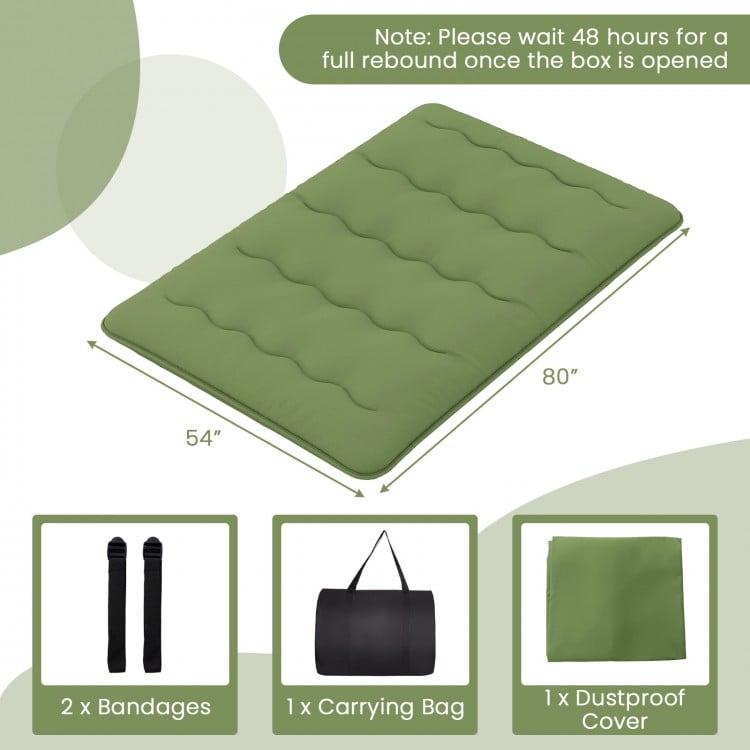 Full-size floor mattress in green with washable cover and carrying bag, ideal for camping or as a sleeping pad.