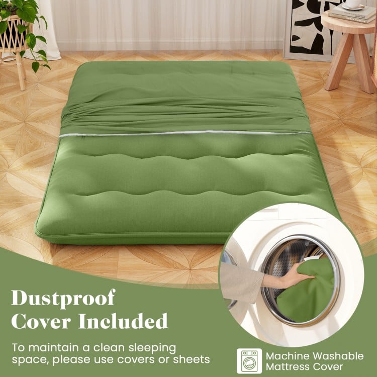 Full-size floor mattress in green with a washable cover, featuring quilted design for comfort and dustproof protection.