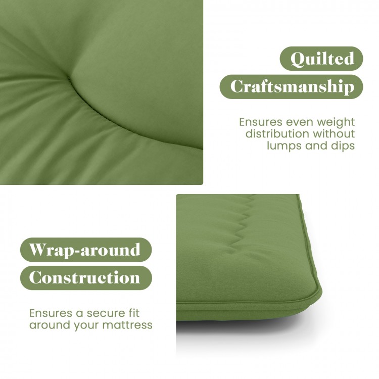 Quilted green floor mattress with wrap-around construction, ensuring even weight distribution for comfortable sleep.