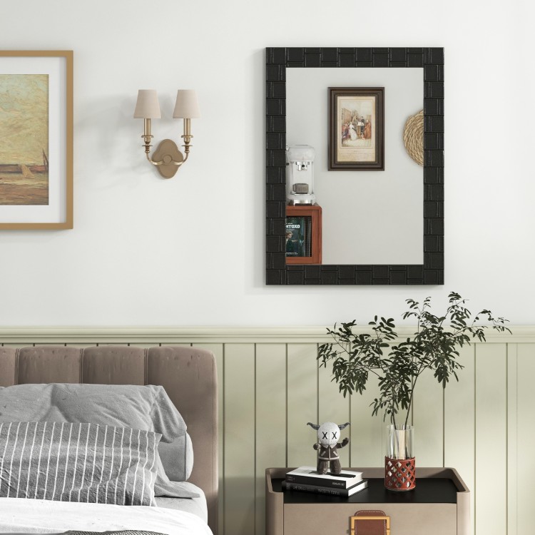 Rectangle black wood framed wall mirror with a chic patterned design, ideal for living room or entryway decor.