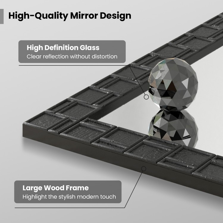 Rectangular black wood framed wall mirror with a chic square patterned design, ideal for living room or entryway decor.