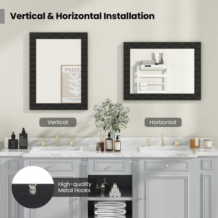 Black wood framed rectangular vanity mirror showcasing vertical and horizontal installation options for versatile decor.