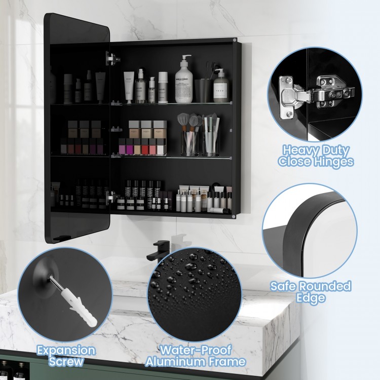 Multi-functional black bathroom mirror cabinet with adjustable shelves, waterproof aluminum frame, and shatterproof.