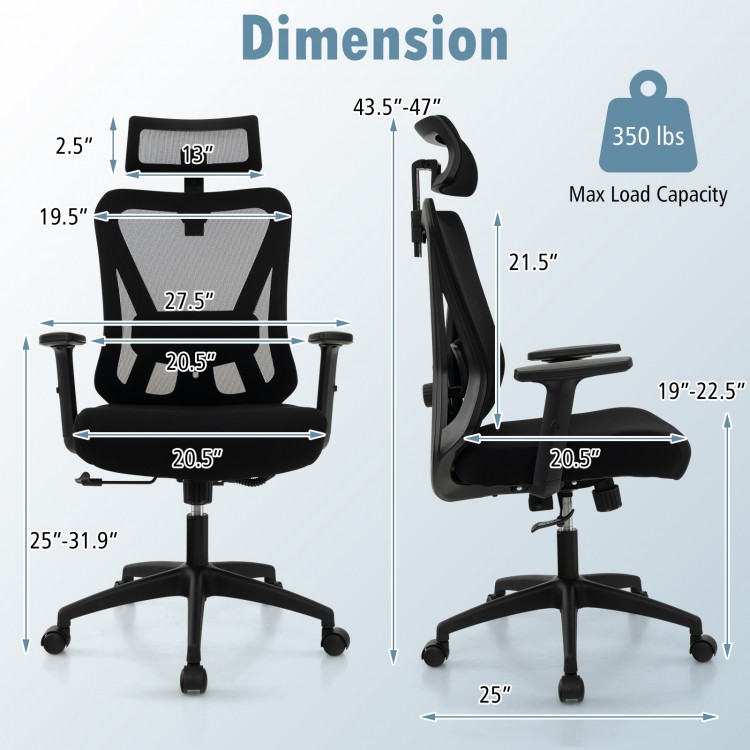 Mesh ergonomic office chair dimensions with adjustable height, 350 lbs capacity, and 360° swivel for versatile use.
