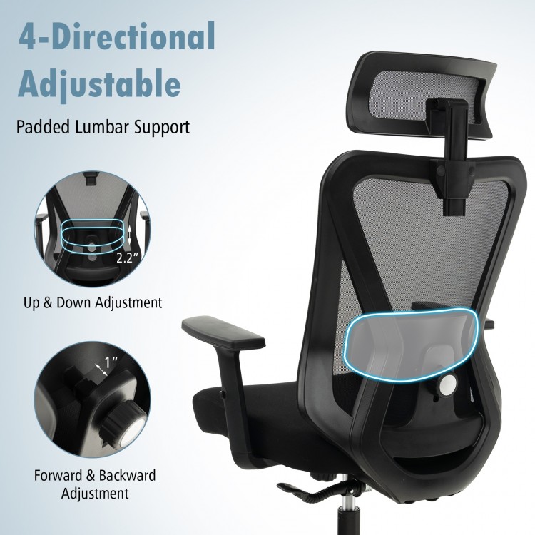 Mesh ergonomic office chair with 4-directional adjustable lumbar support and height-adjustable armrests for comfort.
