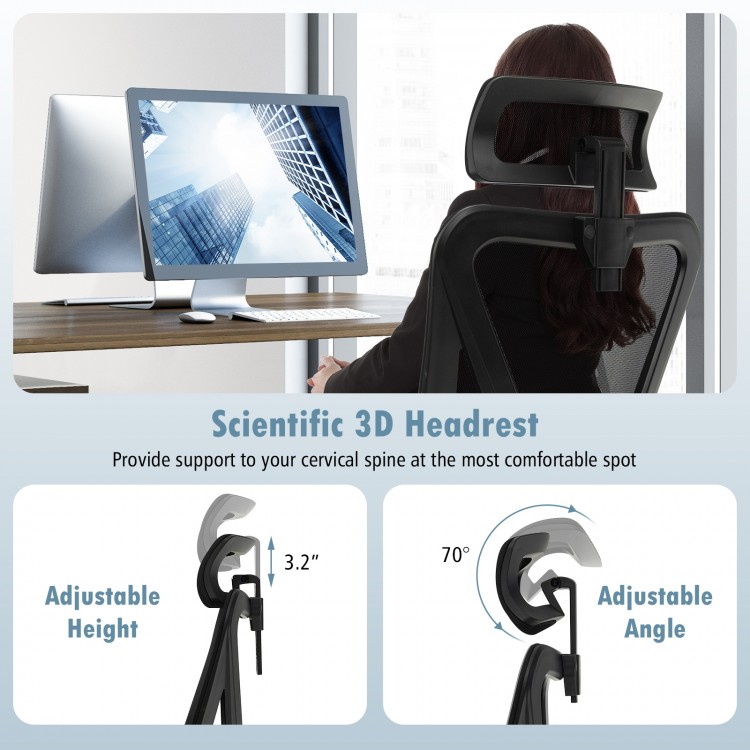 Mesh ergonomic office chair with adjustable 3D headrest, providing cervical support for optimal comfort during work.
