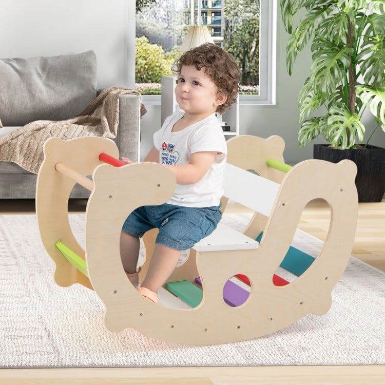 Montessori 2-in-1 rocking horse with supportive backrest, colorful design, perfect for kids' playrooms and balance.