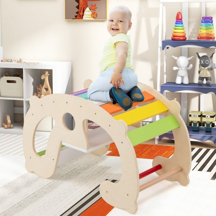 Multicolor 2-in-1 rocking horse arch for kids, featuring a supportive backrest and safe design for playroom fun.