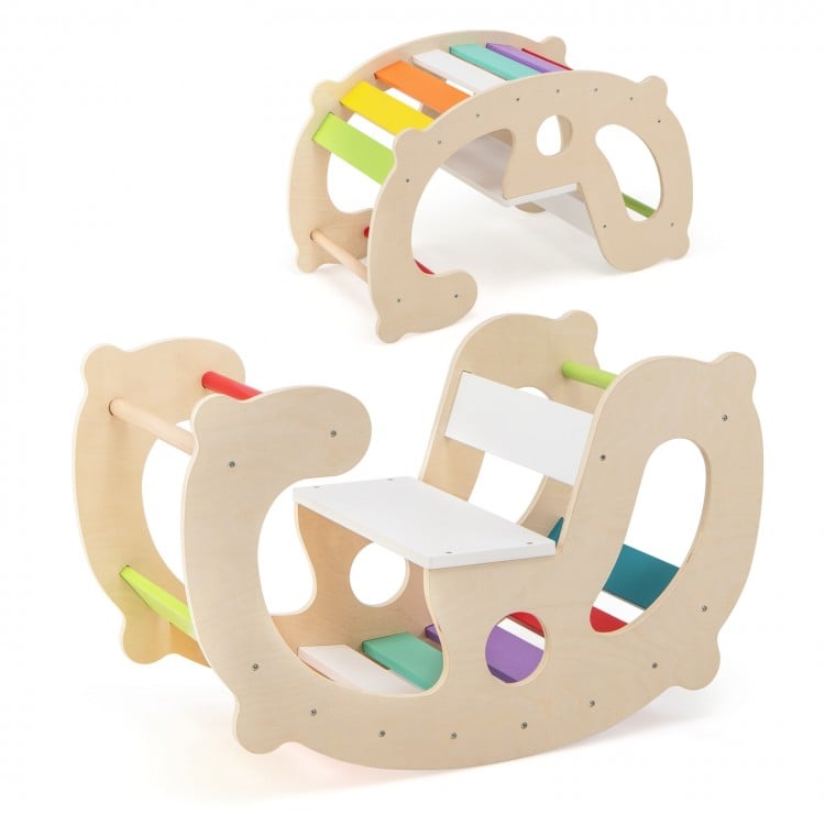2-in-1 multicolor rocking horse and climbing arch for kids, featuring a supportive backrest and safe rounded edges.