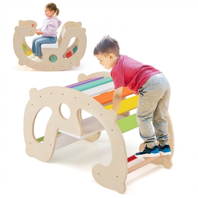 Montessori 2-in-1 rocking horse and arch climber in multicolor, designed for safe play and skill development for kids.