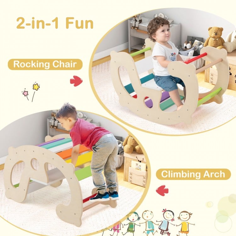 2-in-1 rocking horse and climbing arch in multicolor, designed for kids' balance and motor skills development.