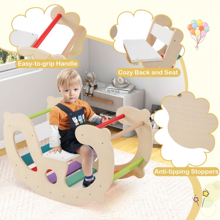 2-in-1 multicolor rocking horse with supportive backrest and easy-to-grip handle for safe play and balance development.