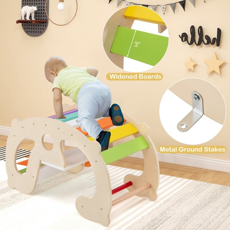 Montessori 2-in-1 rocking horse arch for kids with multicolor boards, designed for safe climbing and play.