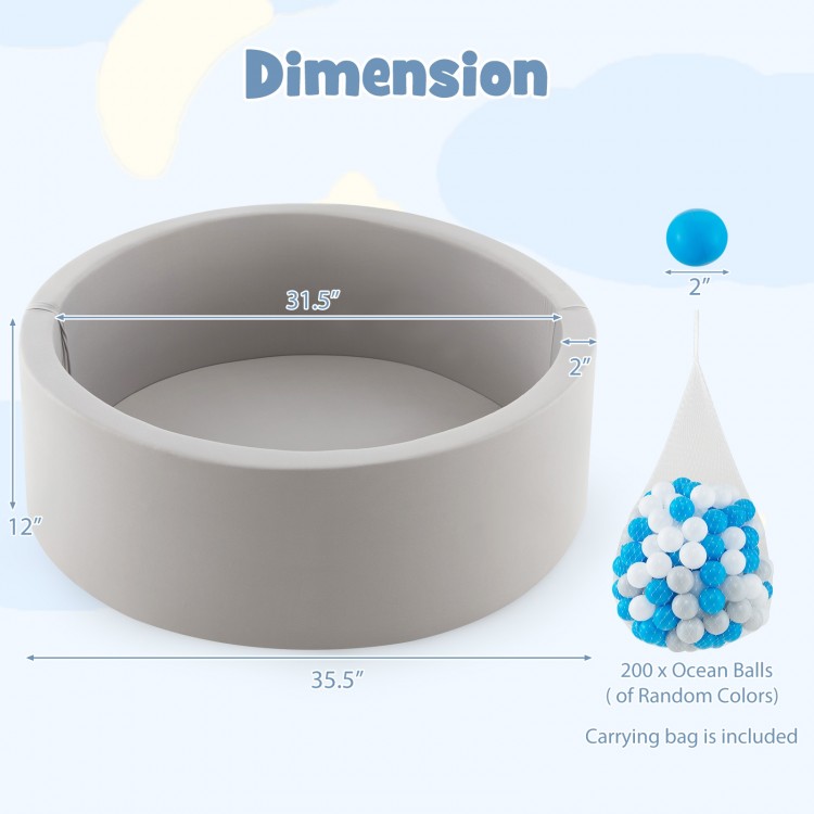 Soft gray kiddie playpen with 200 ocean balls, featuring a removable cover and thick foam for safety and comfort.