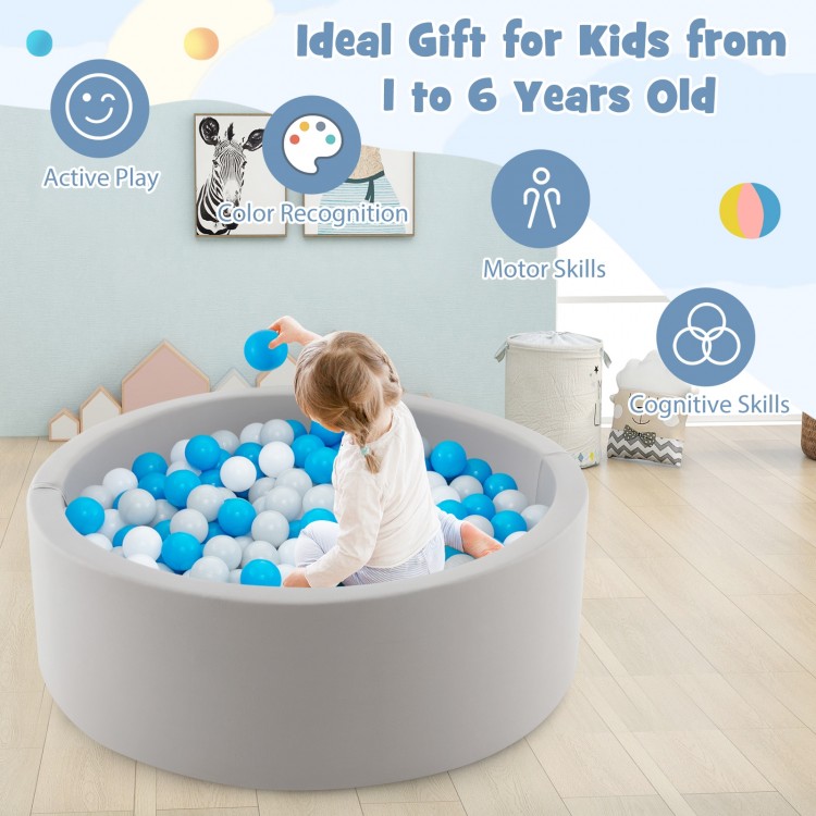 Soft gray kiddie playpen with 200 BPA-free ocean balls for safe, interactive play for kids aged 1 to 6 years.
