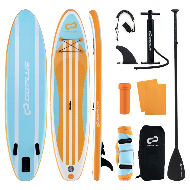 Inflatable stand-up paddle board with adjustable paddle, 3 fins, and accessories for easy transport and storage.