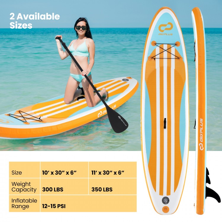 Inflatable stand-up paddle board with adjustable paddle, featuring anti-slip EVA pad and 3 fins for stability.