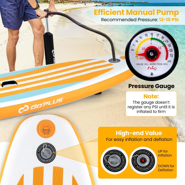 Inflatable stand-up paddle board with adjustable paddle, pressure gauge, and 3 fins for stability and control.