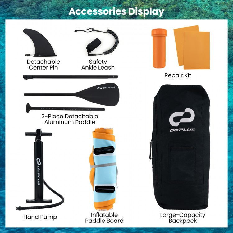 Inflatable paddle board accessories including a hand pump, adjustable paddle, and large-capacity backpack for easy.