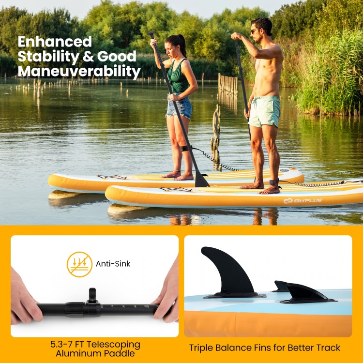 Inflatable stand-up paddle board with adjustable paddle and three fins, ideal for all skill levels on water.