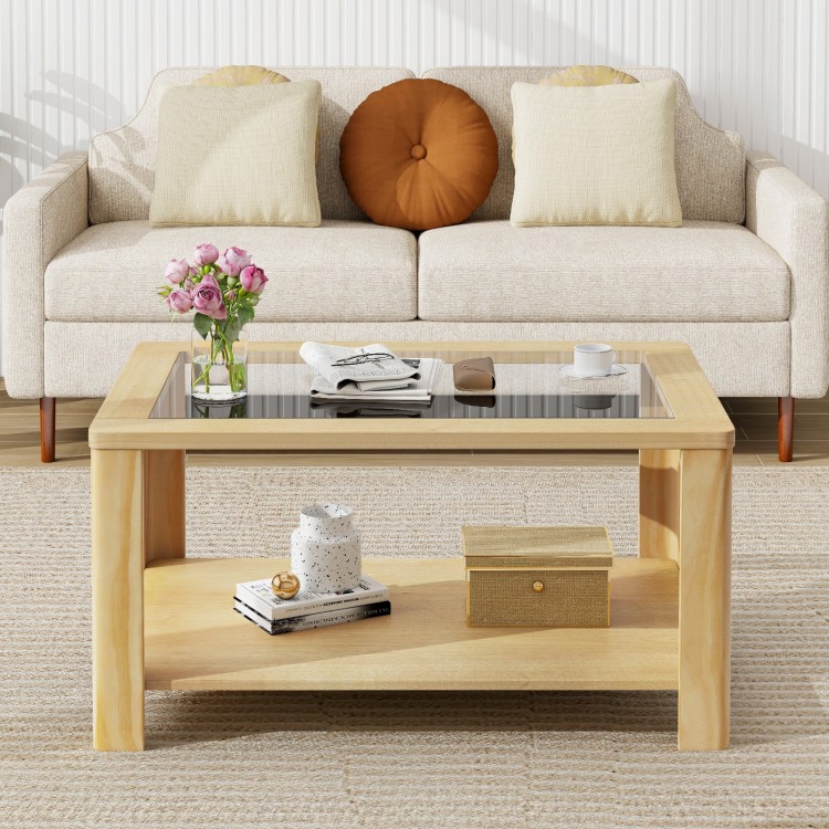 Rectangular 2-tier coffee table with tempered glass top and natural wood finish, perfect for living room storage and.