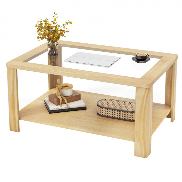 2-tier coffee table with natural wood finish and glass top, featuring a spacious shelf for decor and easy access to.