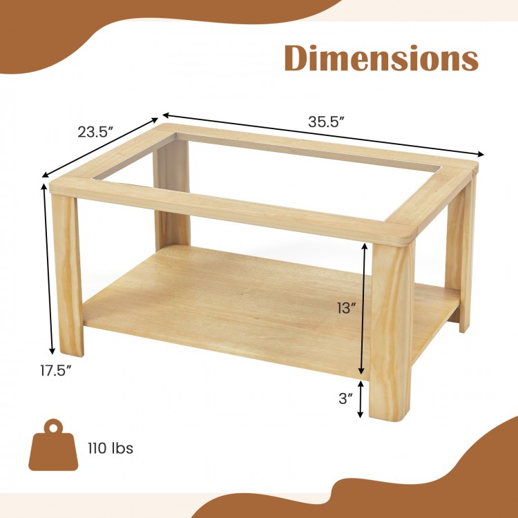 Rectangular 2-tier coffee table with tempered glass top and wood legs, featuring dimensions for living room.