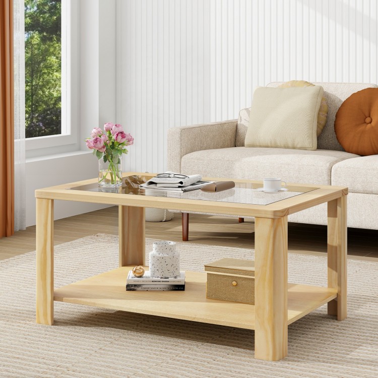 Natural wood 2-tier coffee table with tempered glass top, showcasing a spacious shelf for magazines and decorative.