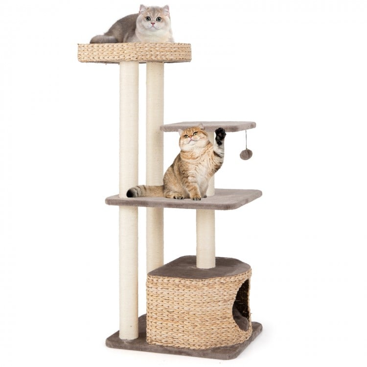 4-layer cat tower with scratching posts, cozy cushions, and hideaway condo for playful and comfortable cat lounging.