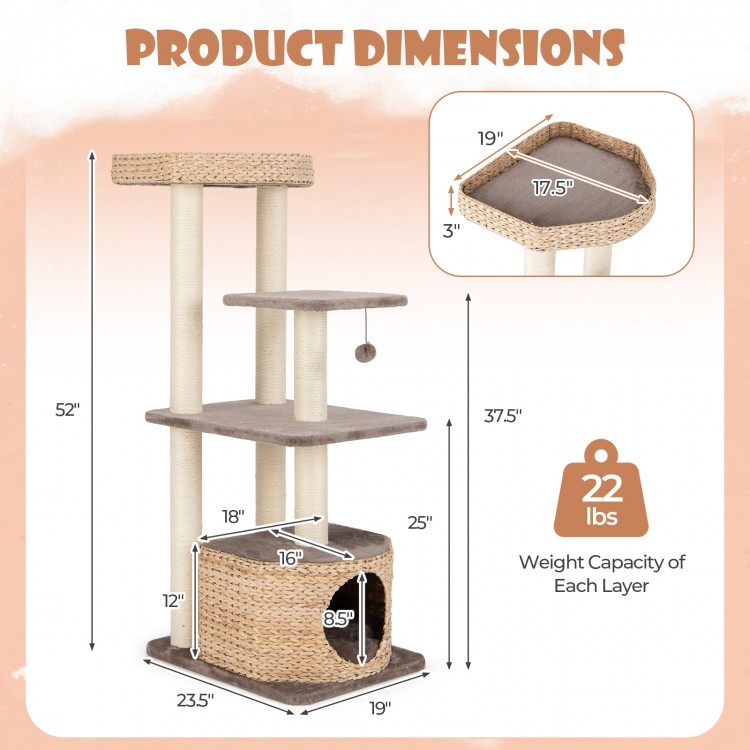 Dimensions of the 4 Layer Cat Tower with scratching posts, condo, and washable cushions in coffee color.