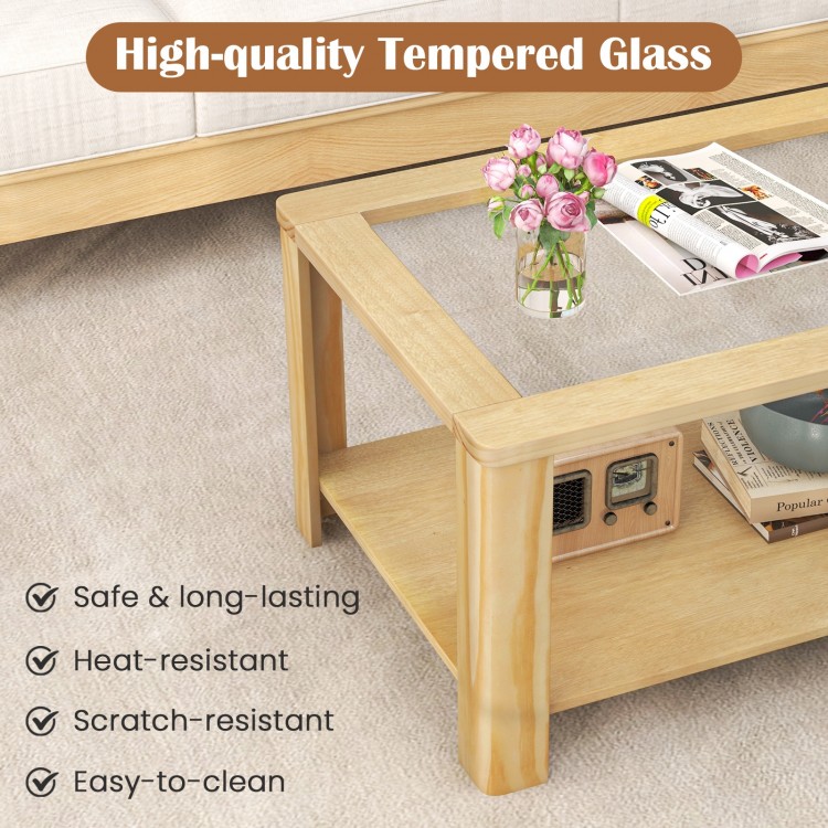 Rectangular 2-tier coffee table with a heat-resistant tempered glass top and natural wood finish, perfect for living.