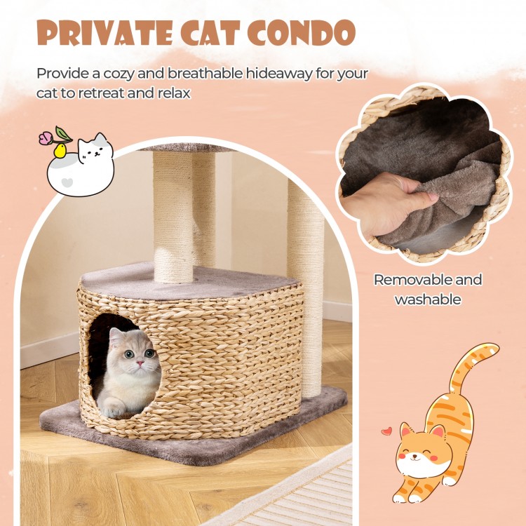 Cozy cat condo with removable, washable cushions and sisal scratching posts for playful relaxation and comfort.