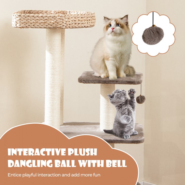 Interactive 4-layer cat tower in coffee with plush dangling ball, scratching posts, and washable cushions for playful.