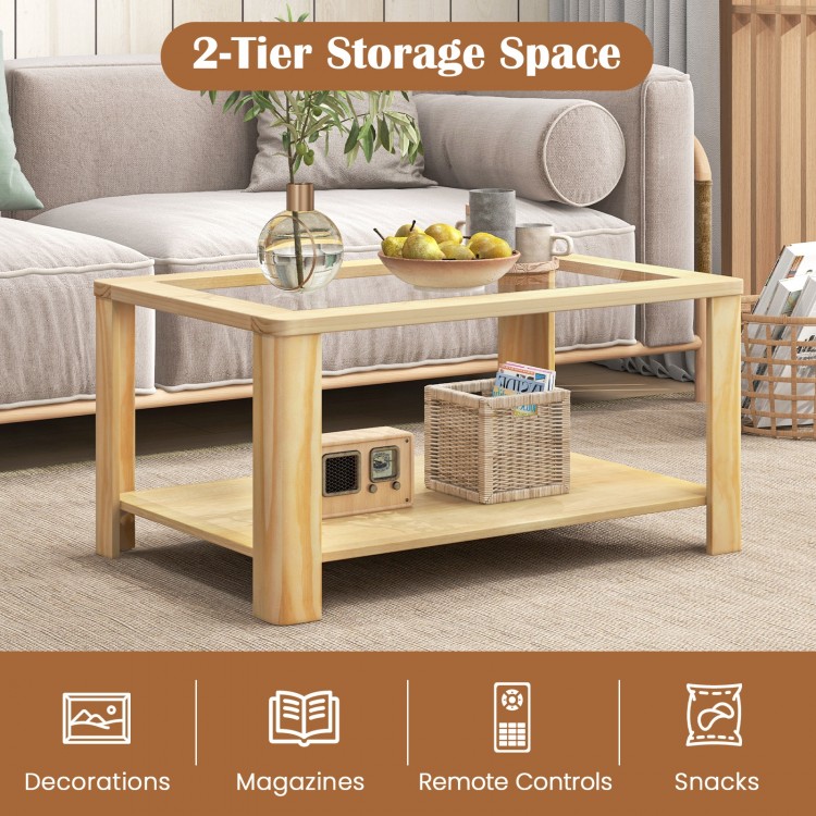Rectangular 2-tier coffee table with tempered glass top and natural wood finish, perfect for magazines and snacks.