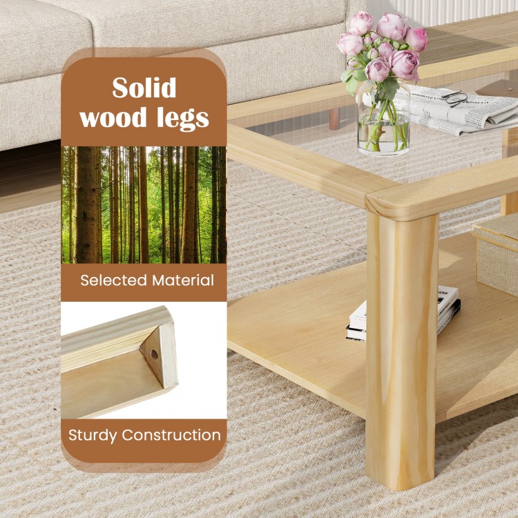 Close-up of solid wood legs of a 2-tier coffee table with tempered glass top, showcasing sturdy construction and rustic.
