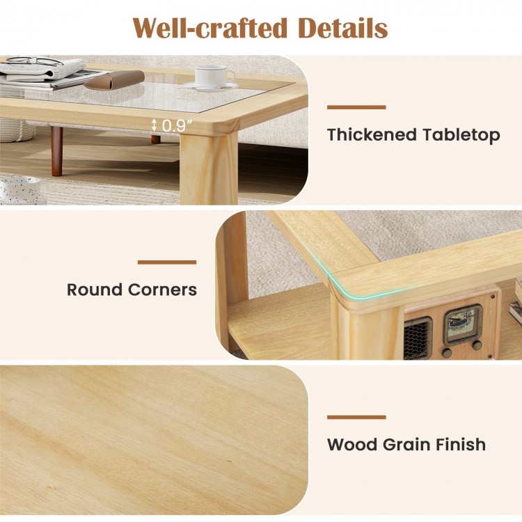 Rectangular coffee table with tempered glass top, round corners, and wood grain finish, featuring 2-tier storage for.