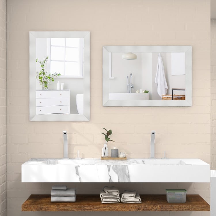 Farmhouse wall mirror with solid wood frame, 41.5 x 28 inches, enhancing room decor with clear HD reflections.
