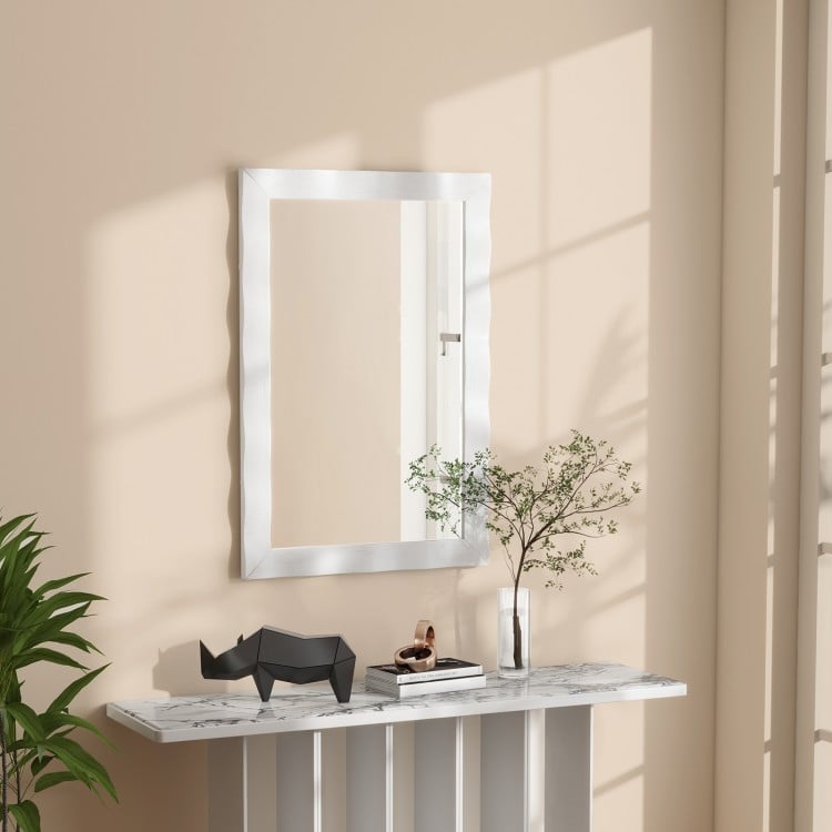 Farmhouse wall mirror with a solid wood frame in white, showcasing clear reflections and rustic charm for any room.