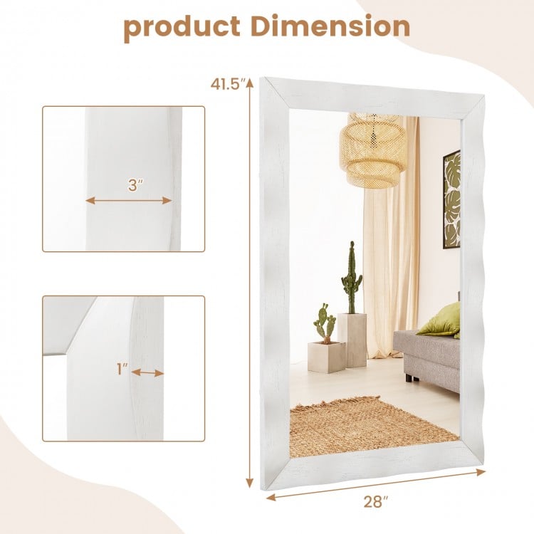 Farmhouse wall mirror with a 1" thick white solid wood frame, measuring 41.5 x 28 inches, ideal for enhancing indoor.