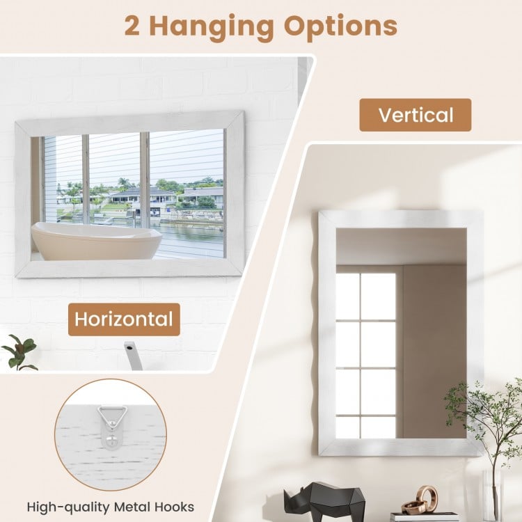 Farmhouse wall mirror with solid wood frame, 41.5 x 28 inches, showcasing vertical and horizontal hanging options.