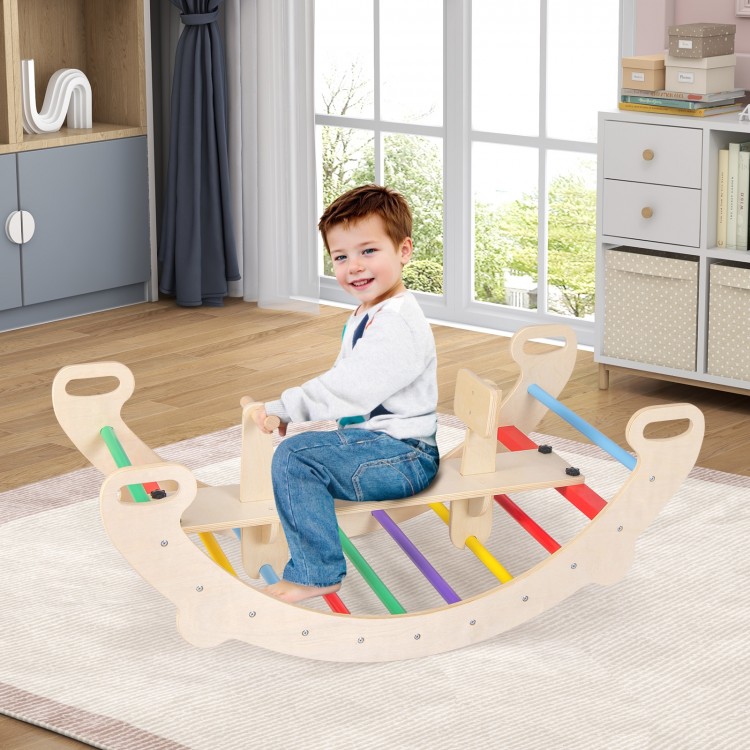 Multicolor 4-in-1 multifunctional wooden climbing toy with rocker, designed for safe play and balance development.