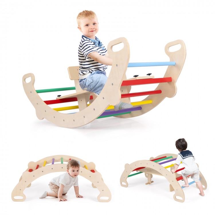 Multicolor 4-in-1 wooden climbing toy with rocker, crawling tunnel, and supportive backrest for safe play.