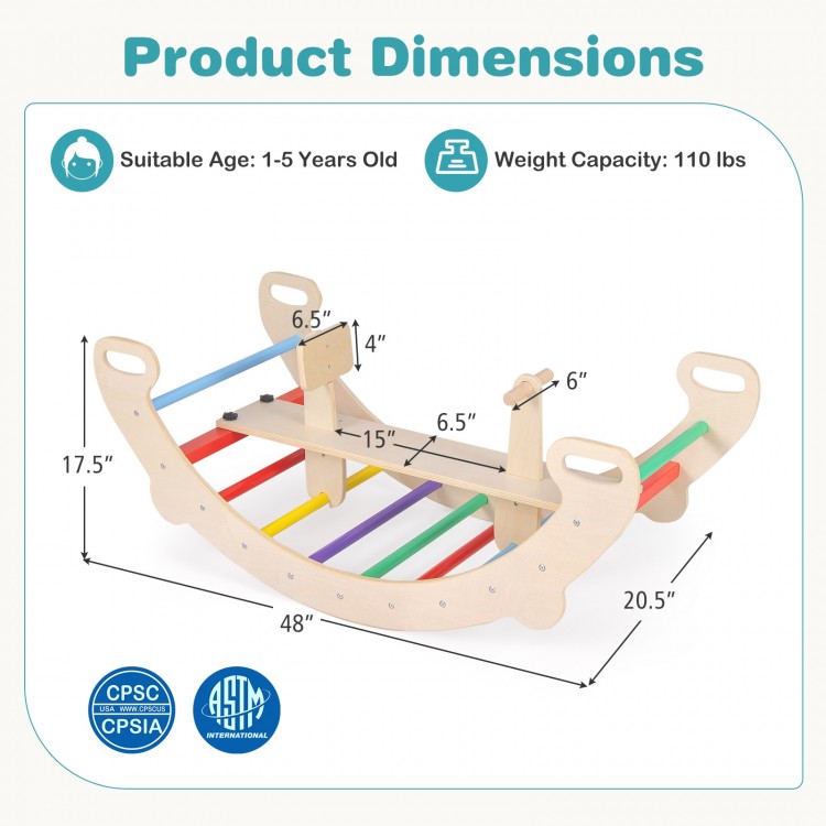 Product dimensions of the 4-in-1 multifunctional wooden climbing toy, suitable for kids aged 1-5 years, with a 110 lbs.