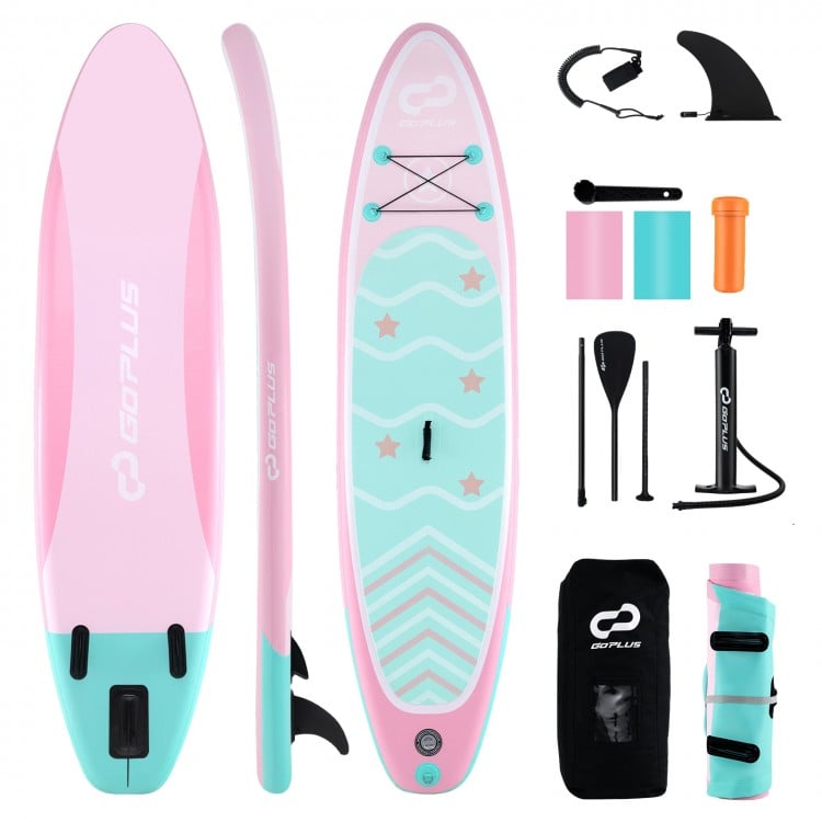 Inflatable 11-foot stand-up paddle board in pink and teal with adjustable paddle, 3 fins, and accessories for easy.