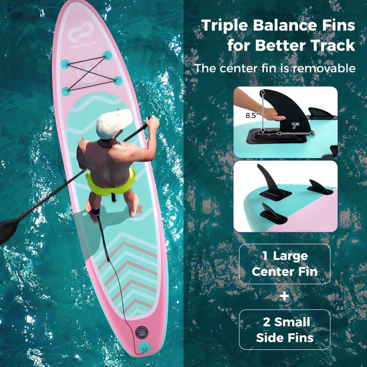 Inflatable stand-up paddle board with a removable center fin and two side fins, designed for stability and control.