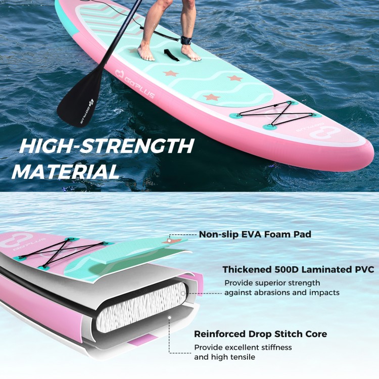 Inflatable stand-up paddle board with anti-slip EVA foam pad, 3 fins, and reinforced drop stitch core for stability.